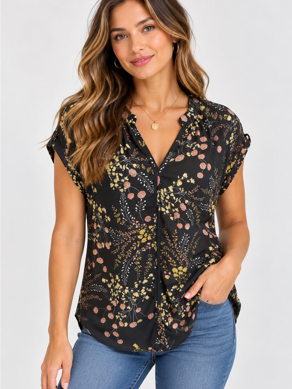 Philosophy Black Floral Button-Front Cap Sleeve Top